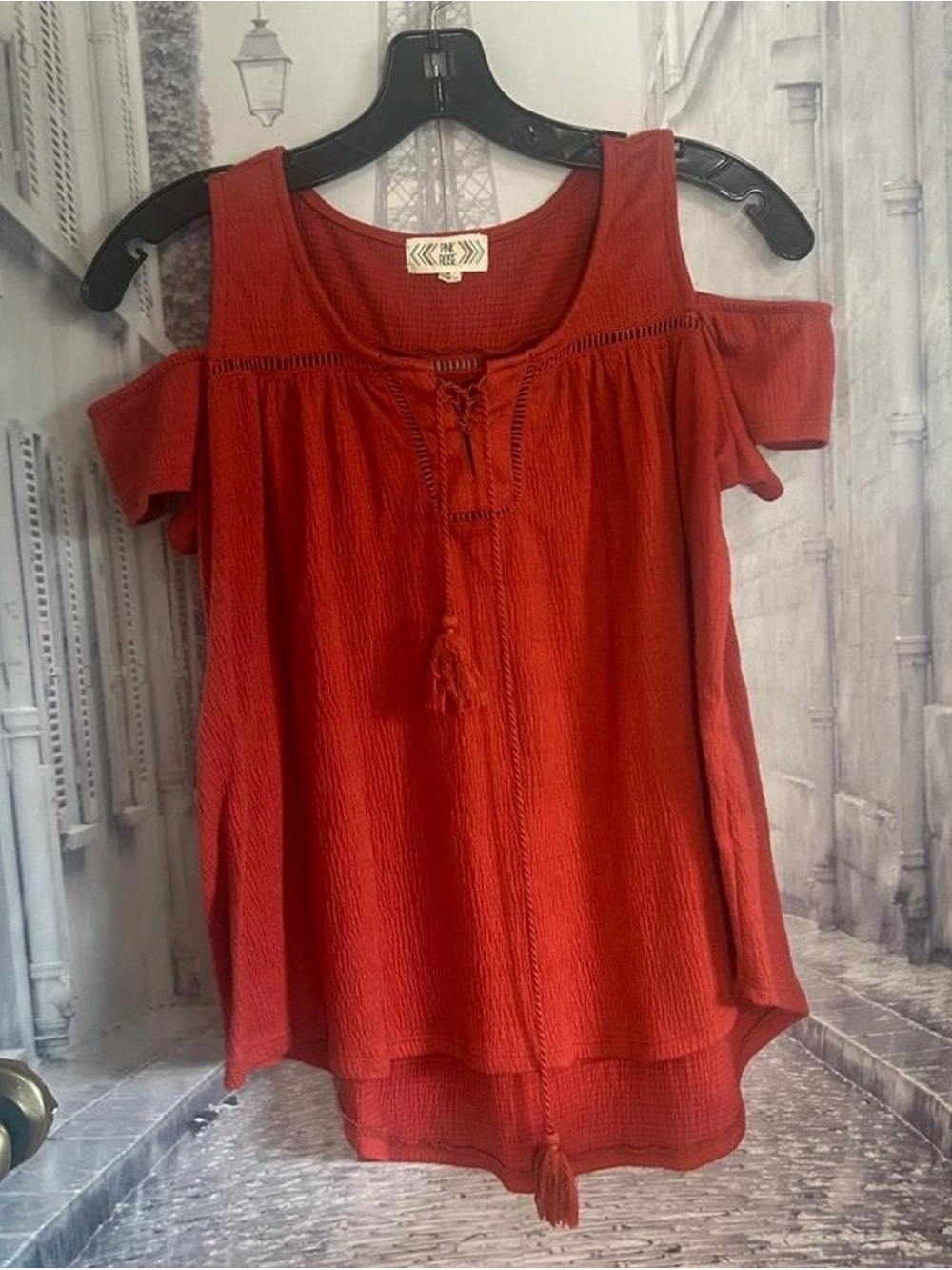 Pink Rose Orange Cold-Shoulder Tassel Peasant Tank Top